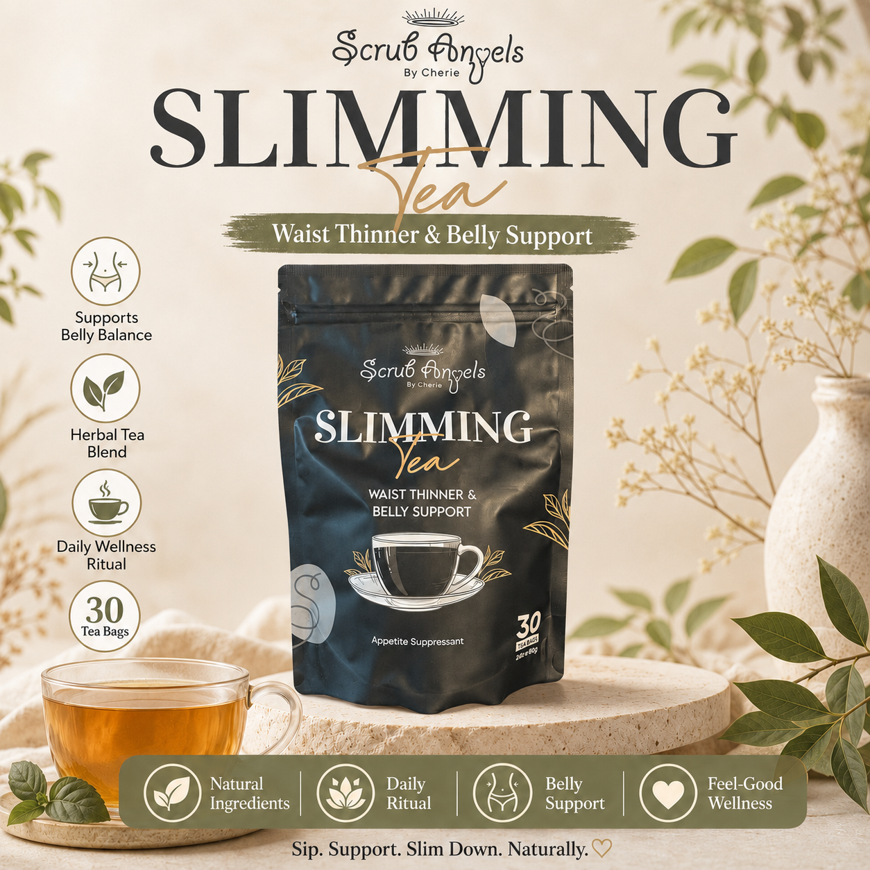 A stand-up pouch of Scrub Angels Slimming Tea by Cherie, displayed on a light beige surface with a glass cup of tea, decorative leaves, and a ceramic vase in the background. The packaging is dark navy blue with white and gold text and graphics.