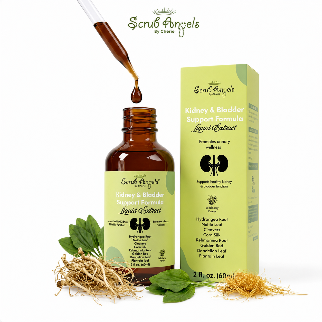 Scrub Angels Kidney & Bladder Support Formula Liquid Extract in an amber glass bottle with a green label, shown next to its matching green box. A glass dropper above pours dark liquid into the bottle.
