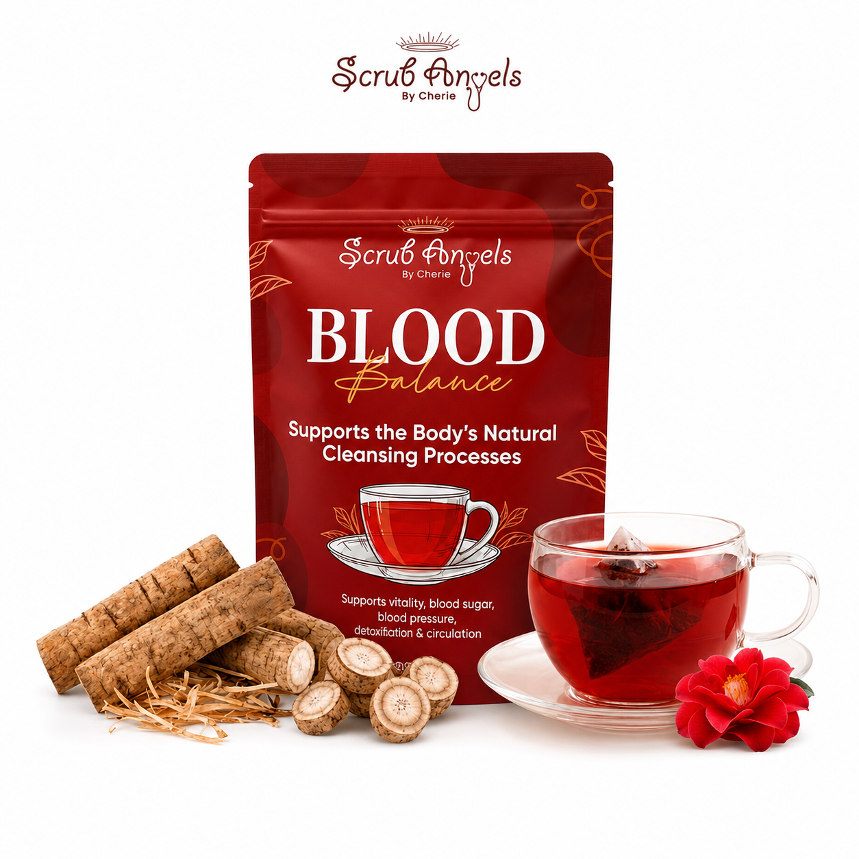 A stand-up pouch of Scrub Angels by Cherie Blood Balance herbal tea supplement, shown with a glass cup of dark red tea, sliced roots, and a red flower on a white background.