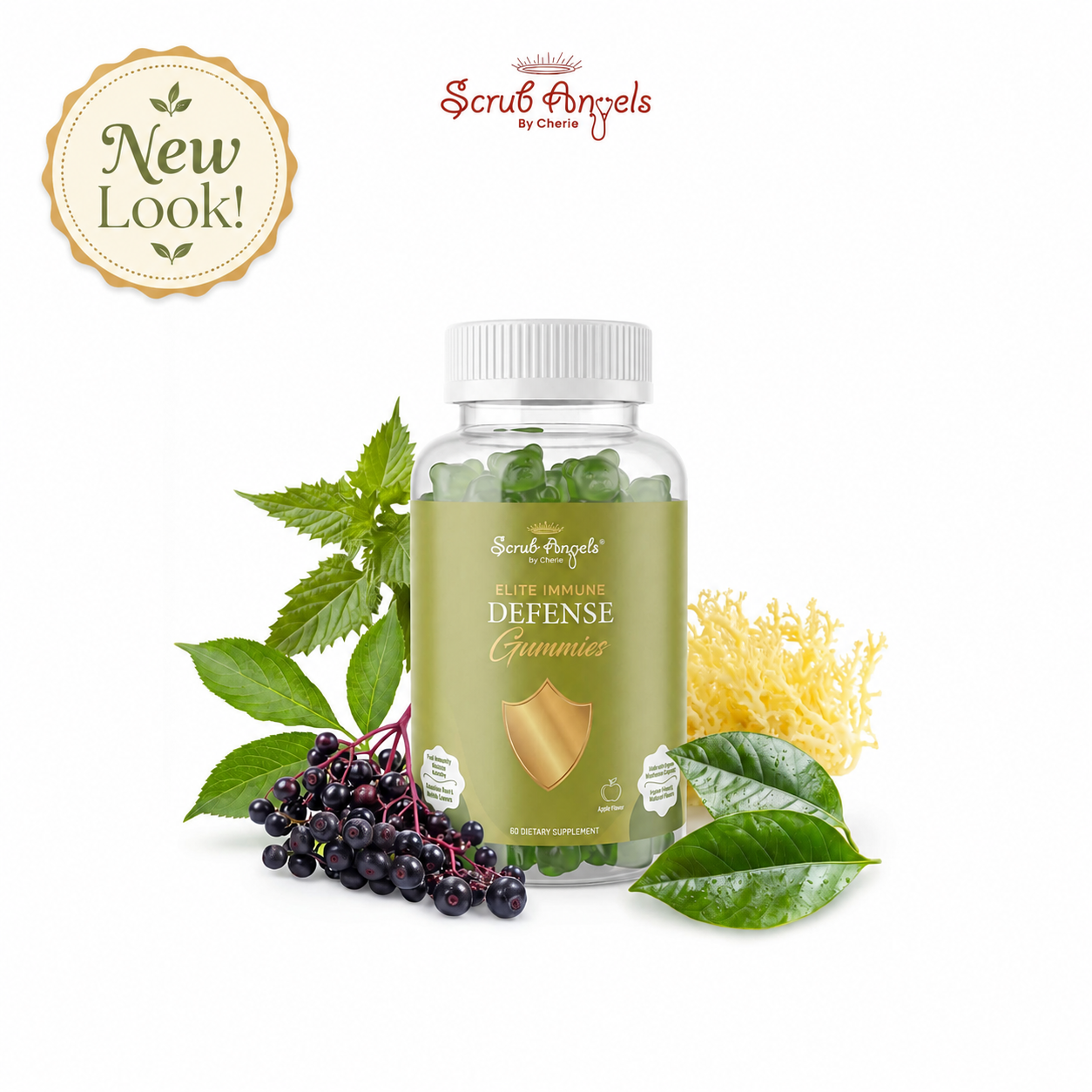 Bottle of 'Elite Immune Defense Gummies' with natural elements on a white background