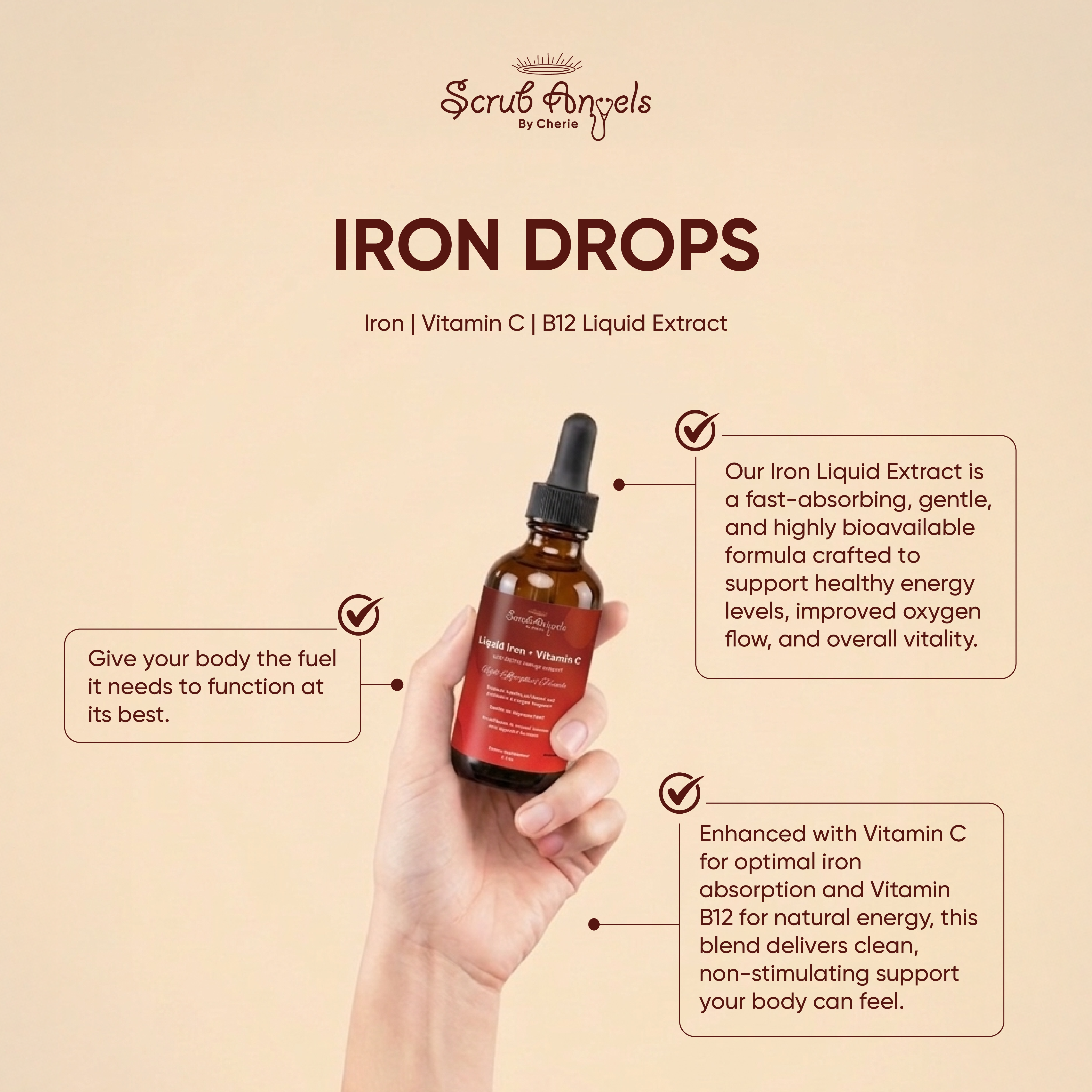 Iron + Vitamin C and B12 For Energy Support - Liquid Extract