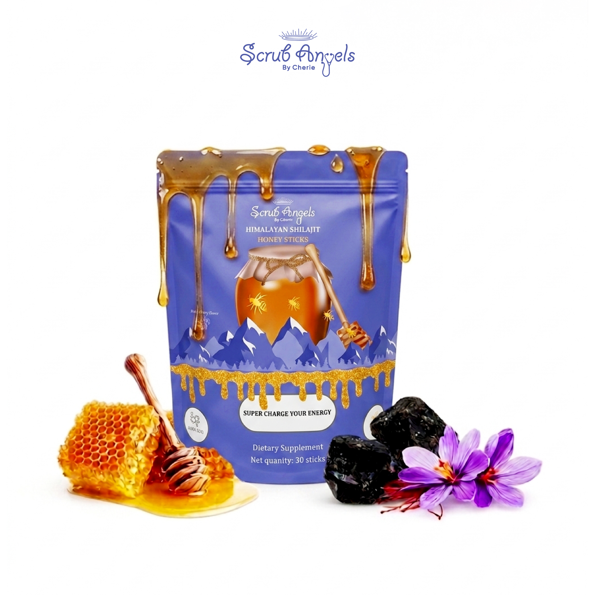 Himalayan salt stick packaging with honey, honeycomb, and saffron on a white background