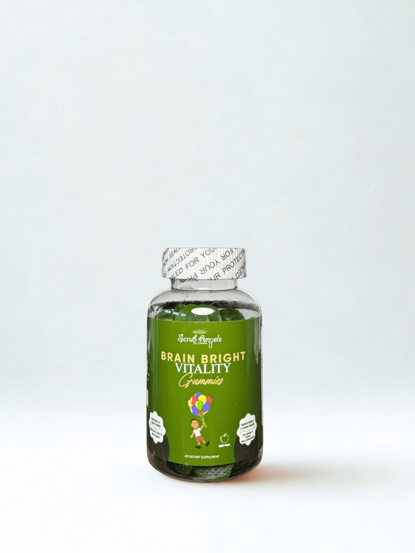 Green supplement bottle labeled 'Brain Bright Vitality' on a white background