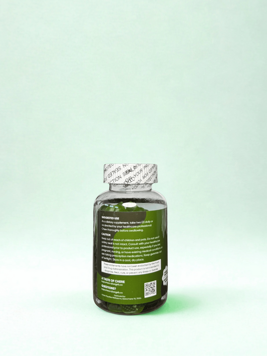 Bottle with green label on a light green background