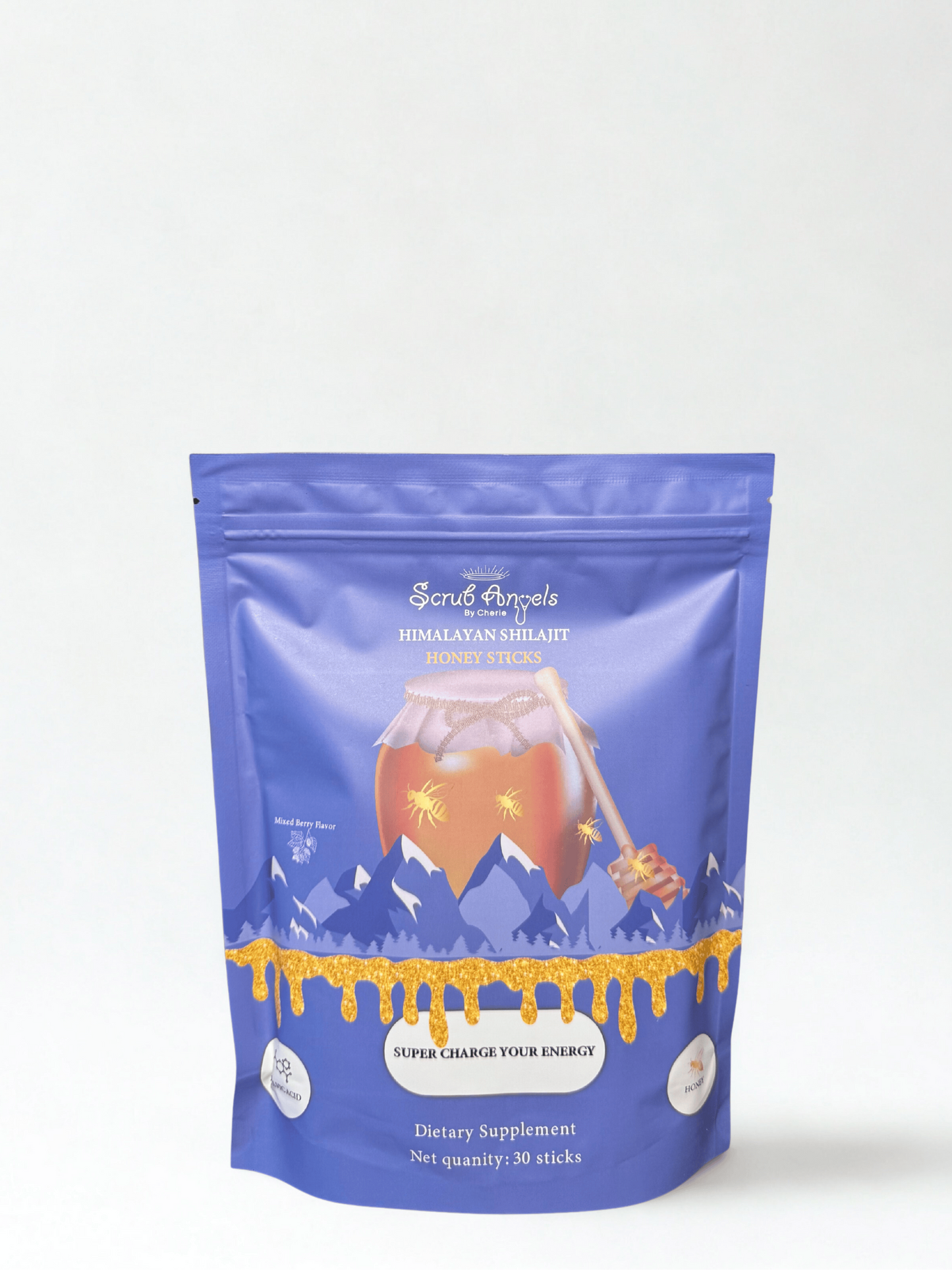 Blue packaging of dietary supplements with mountain and product illustration on a white background