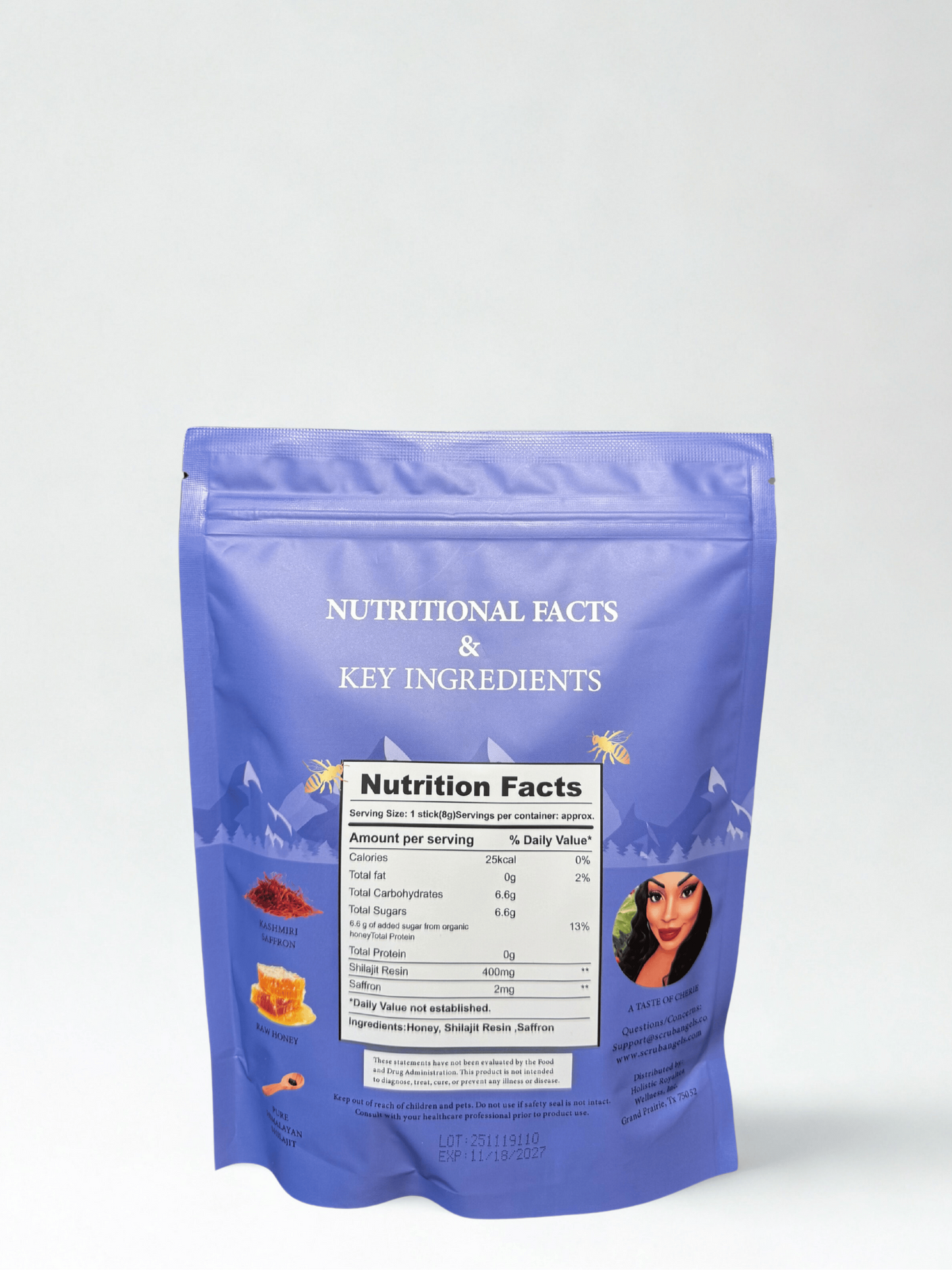 Blue package with nutritional facts label on a white background